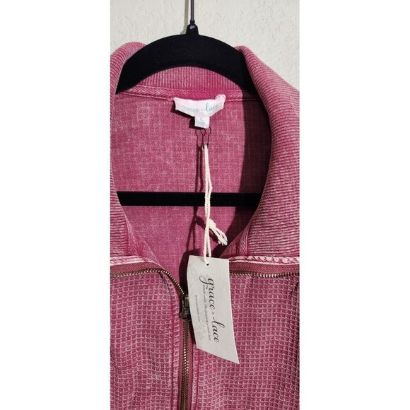 Grace & Lace Sweater Womens Large Pink Waffle Knit Half Zip Pullover Cotton NWT - Picture 2 of 12